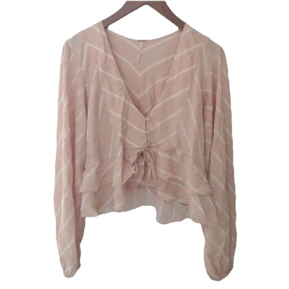 Free People‎ Samifran Ruffle Button Down Top Size XS Orange Cropped Boho Y2K